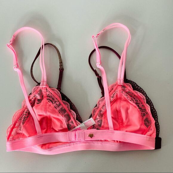 NEW VS VICTORIAS SECRET PINK Red Burgundy Gold Lace Triangle Bra Bralette XS - Picture 7 of 8